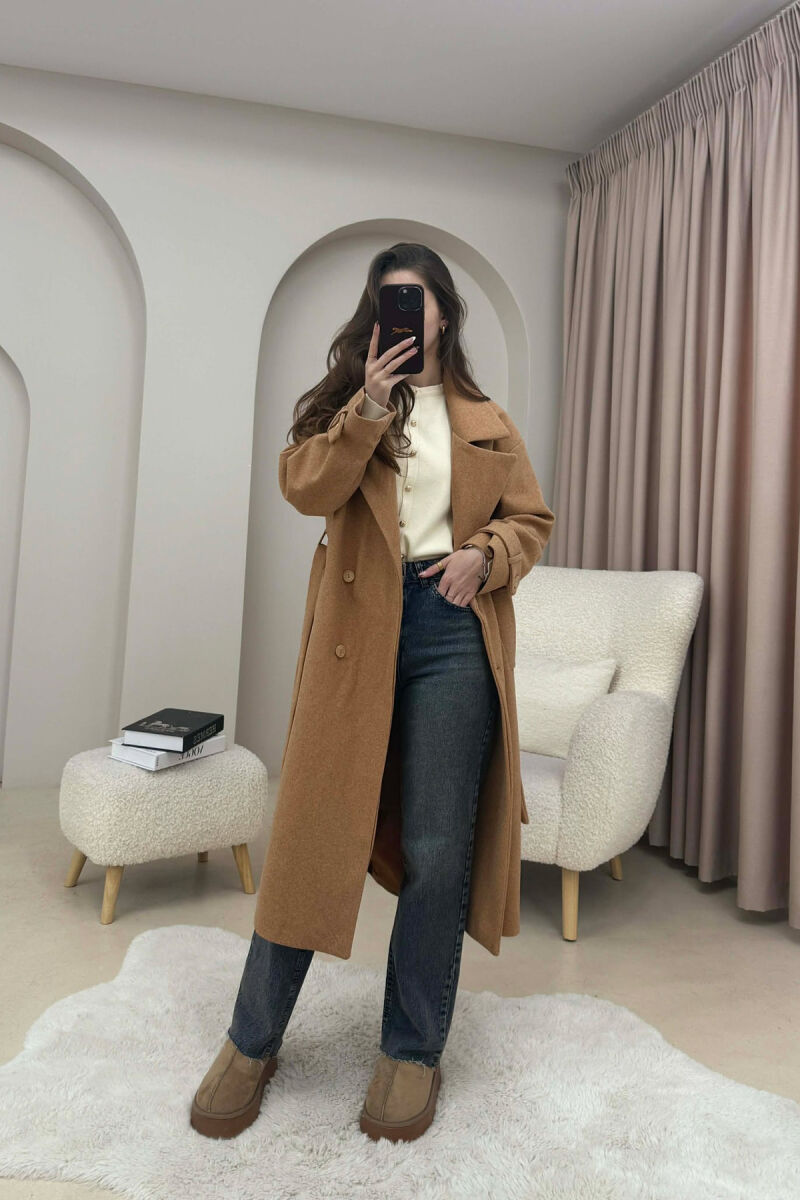 ONE COLOR BELT DETAIL LONG WOMEN TRENCH COAT LIGHT BROWN/KAZB - 2