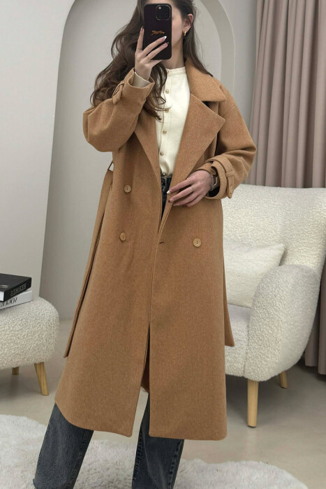 ONE COLOR BELT DETAIL LONG WOMEN TRENCH COAT LIGHT BROWN/KAZB - 5