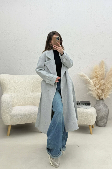 ONE COLOR BELT DETAIL LONG WOMEN TRENCH COAT LIGHT GREY/GZ - 2