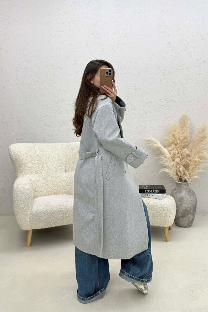 ONE COLOR BELT DETAIL LONG WOMEN TRENCH COAT LIGHT GREY/GZ - 3