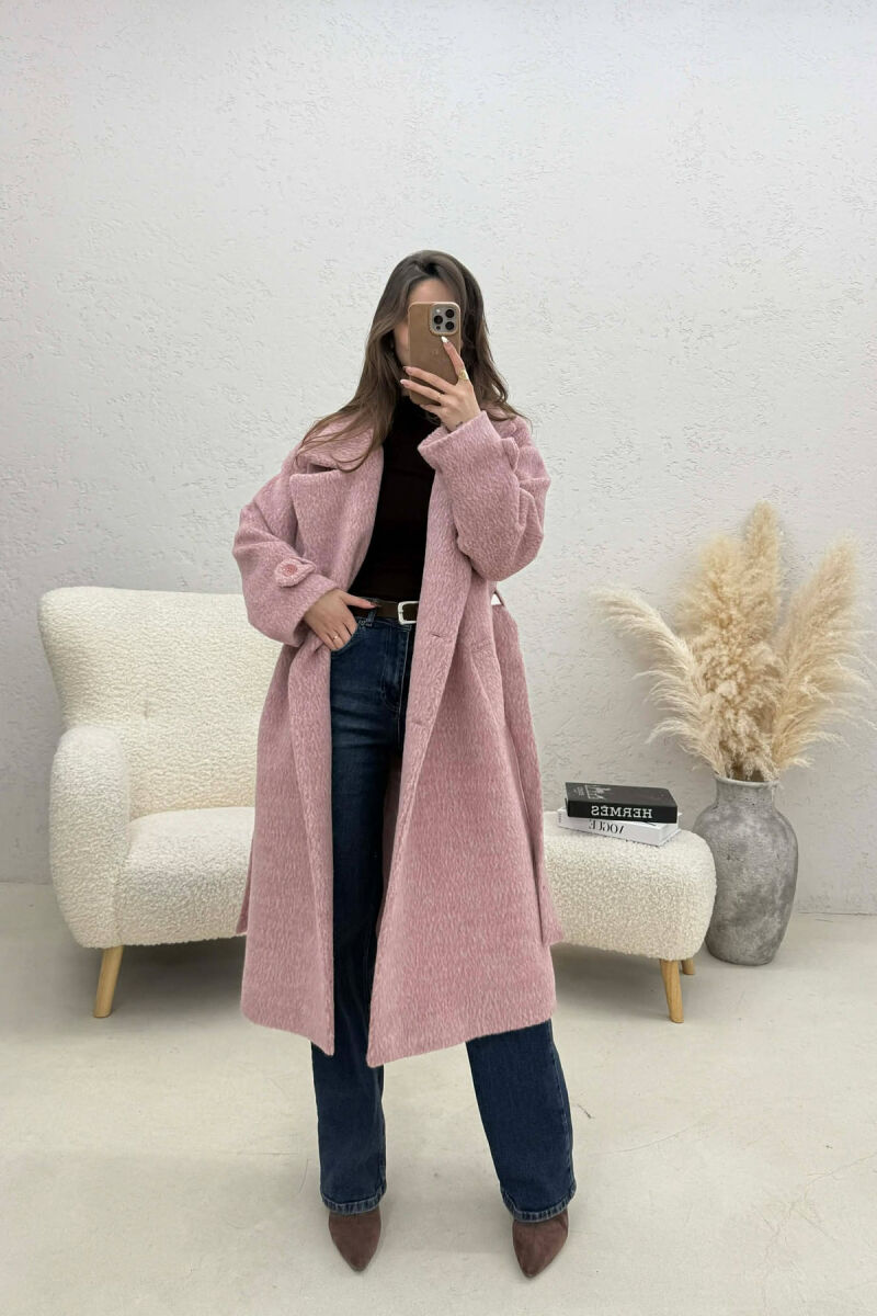 ONE COLOR BELT DETAIL LONG WOMEN TRENCH COAT LIGHT PURPLE/LEZB - 2