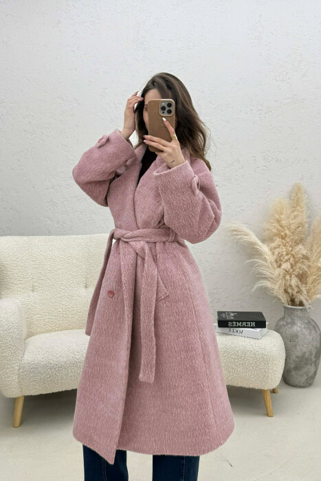 ONE COLOR BELT DETAIL LONG WOMEN TRENCH COAT LIGHT PURPLE/LEZB - 3