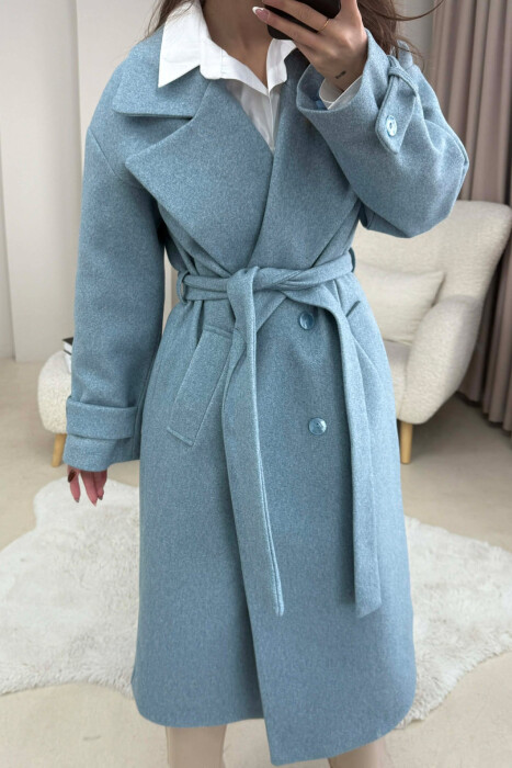 ONE COLOR BELT DETAIL LONG WOMEN TRENCH COAT LIGHTBLUE/BZ 
