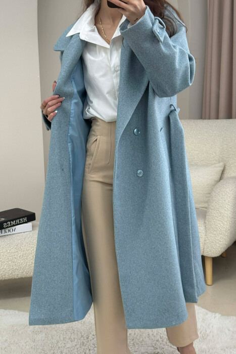 ONE COLOR BELT DETAIL LONG WOMEN TRENCH COAT LIGHTBLUE/BZ - 4