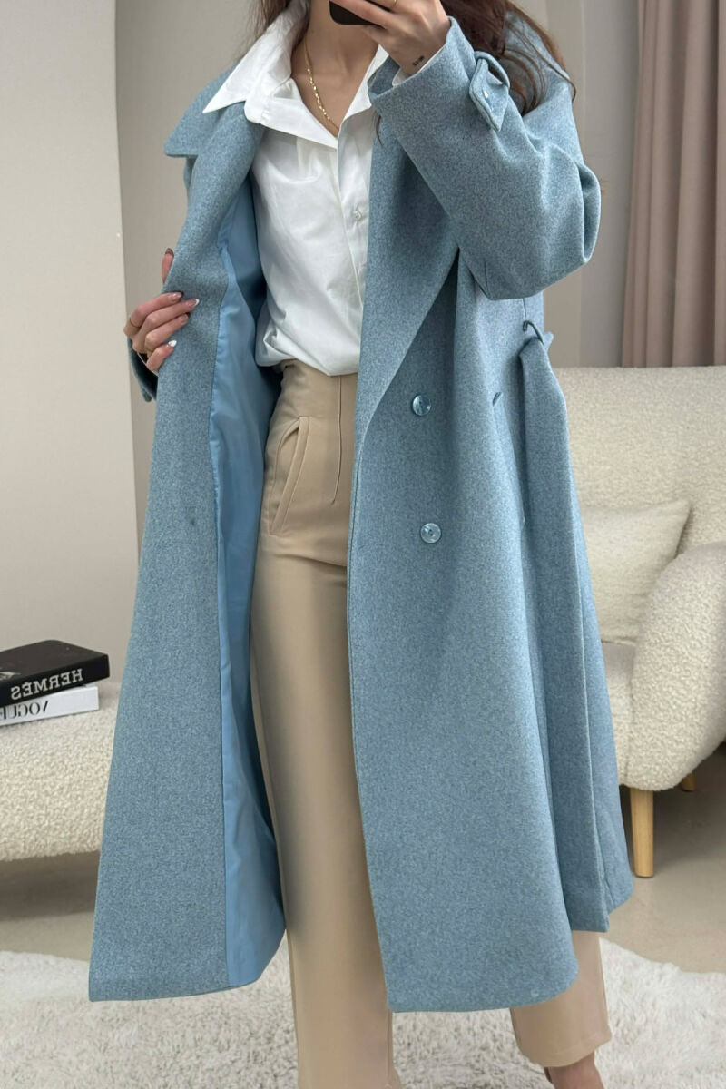ONE COLOR BELT DETAIL LONG WOMEN TRENCH COAT LIGHTBLUE/BZ - 4