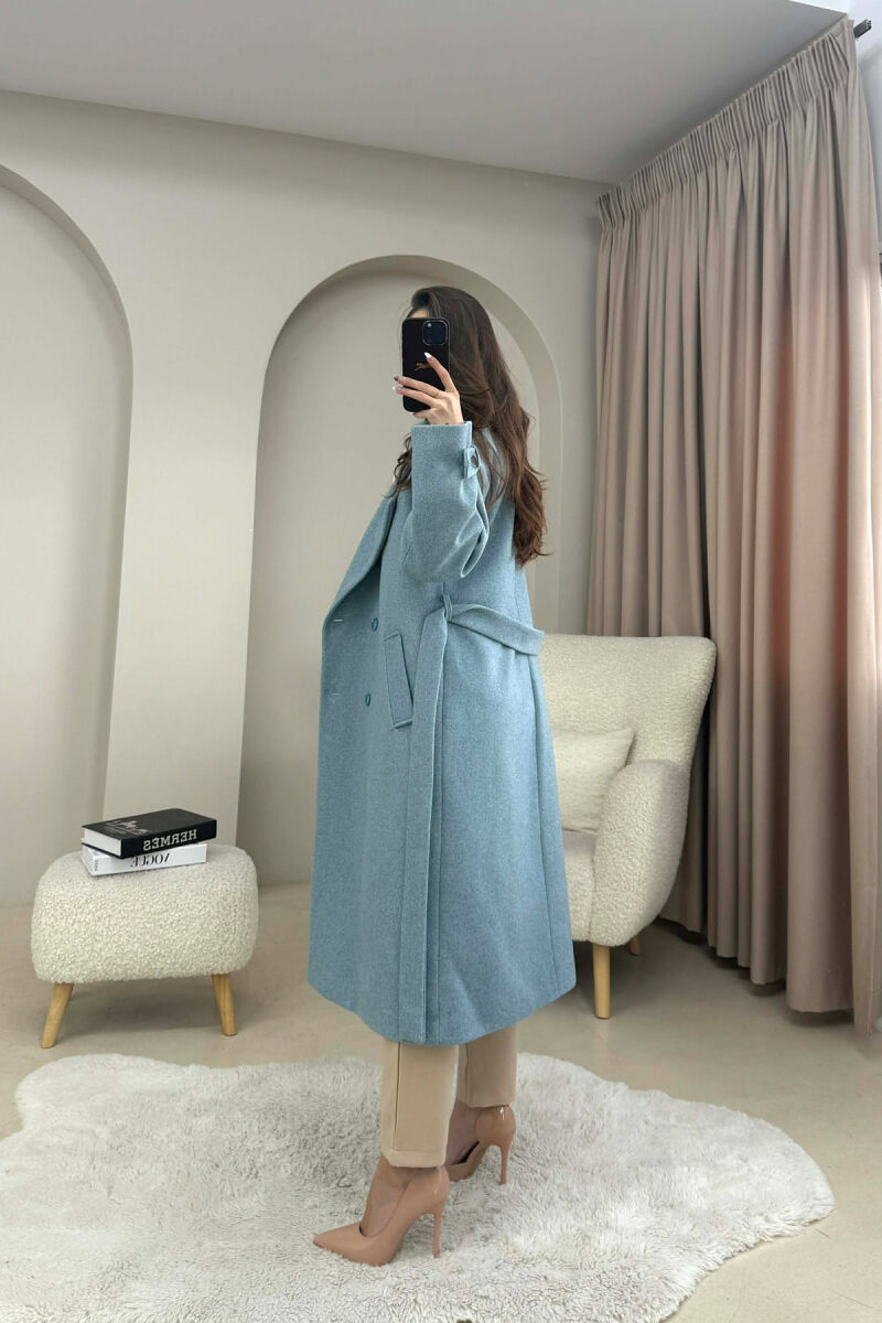 ONE COLOR BELT DETAIL LONG WOMEN TRENCH COAT LIGHTBLUE/BZ - 5