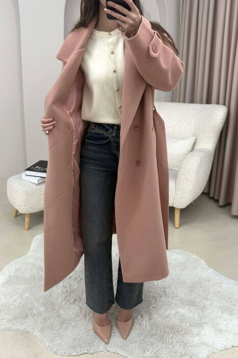 ONE COLOR BELT DETAIL LONG WOMEN TRENCH COAT POWDER/PUDER - KLAUDIO FASHION