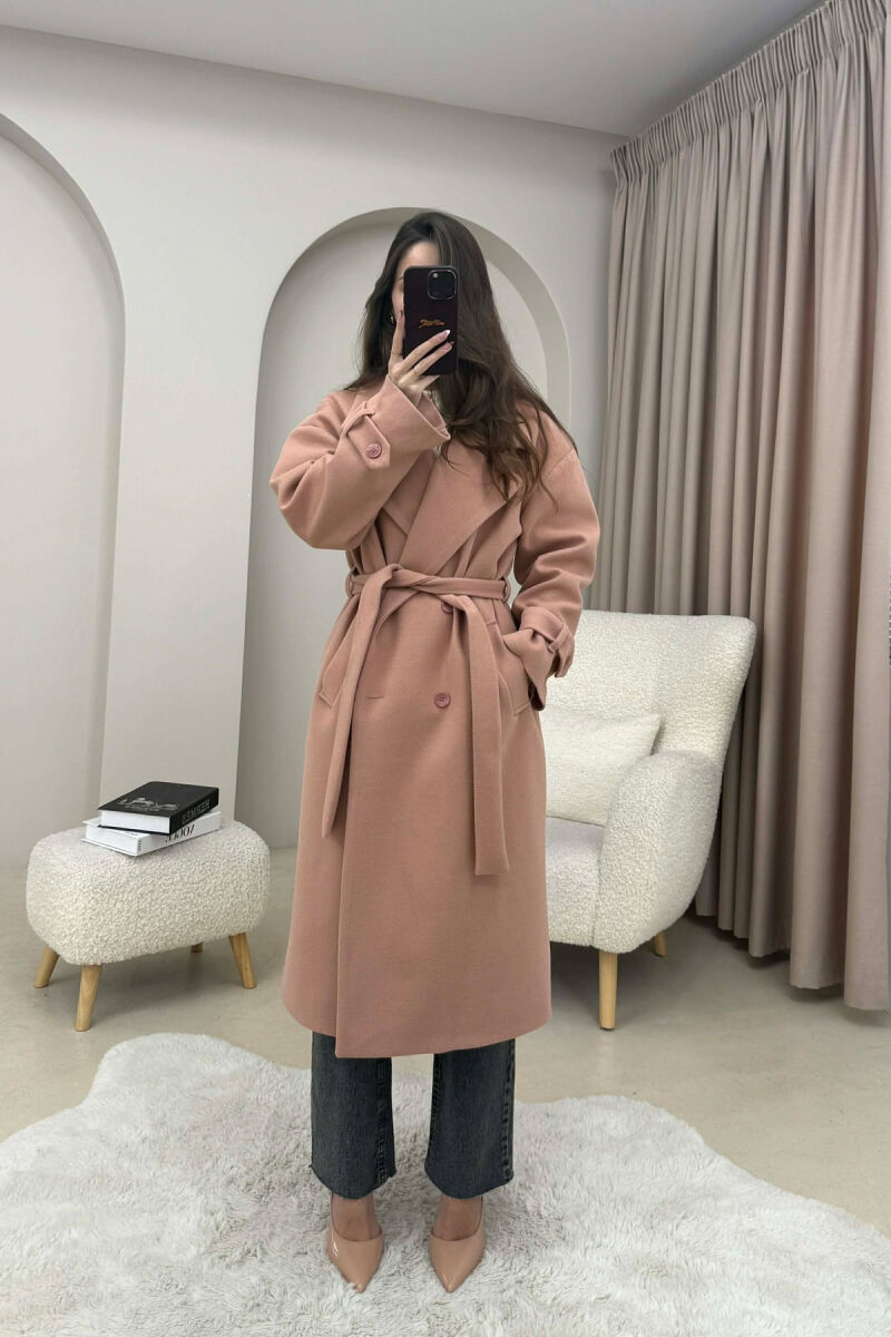 ONE COLOR BELT DETAIL LONG WOMEN TRENCH COAT POWDER/PUDER - 4