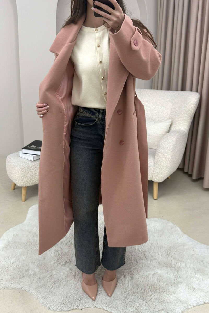 ONE COLOR BELT DETAIL LONG WOMEN TRENCH COAT POWDER/PUDER - 1