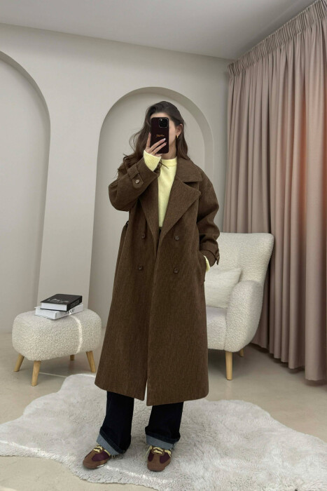 ONE COLOR BELT DETAIL LONG WOMEN TRENCH COAT SIENNA - 2
