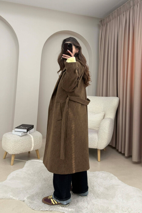 ONE COLOR BELT DETAIL LONG WOMEN TRENCH COAT SIENNA - 4