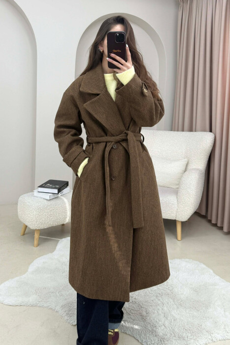 ONE COLOR BELT DETAIL LONG WOMEN TRENCH COAT SIENNA - KLAUDIO FASHION
