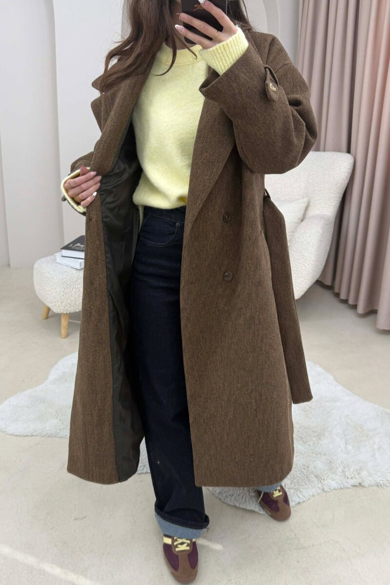ONE COLOR BELT DETAIL LONG WOMEN TRENCH COAT SIENNA - 3