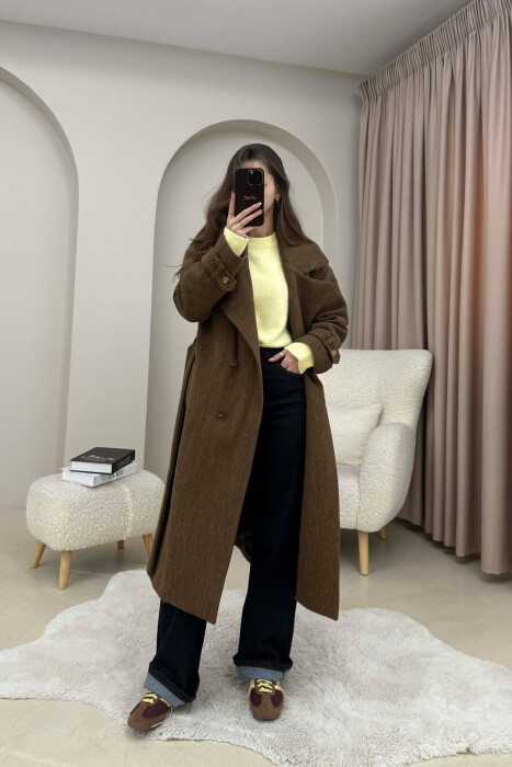 ONE COLOR BELT DETAIL LONG WOMEN TRENCH COAT SIENNA - 5