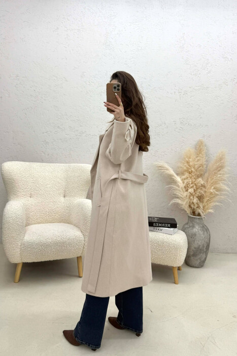 ONE COLOR BELT DETAIL LONG WOMEN TRENCH COAT WHITE-BEIGE/BABZH - 2