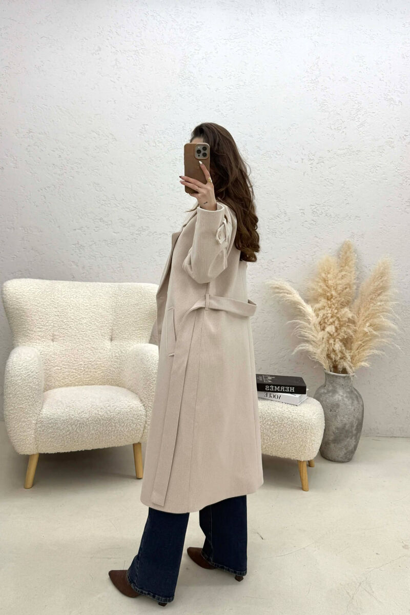 ONE COLOR BELT DETAIL LONG WOMEN TRENCH COAT WHITE-BEIGE/BABZH - 2
