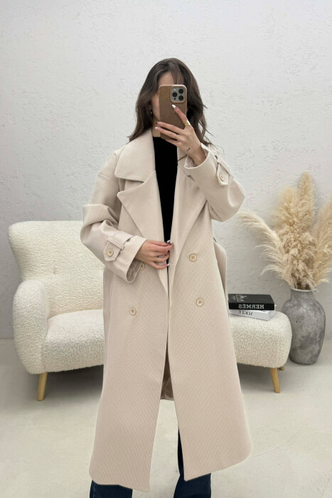 ONE COLOR BELT DETAIL LONG WOMEN TRENCH COAT WHITE-BEIGE/BABZH - 3