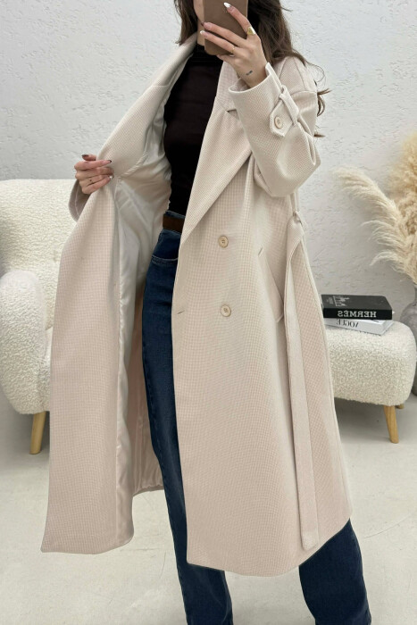 ONE COLOR BELT DETAIL LONG WOMEN TRENCH COAT WHITE-BEIGE/BABZH - 4