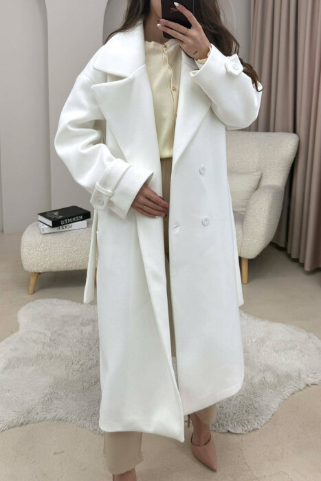 ONE COLOR BELT DETAIL LONG WOMEN TRENCH COAT WHITE-E BARDHE 