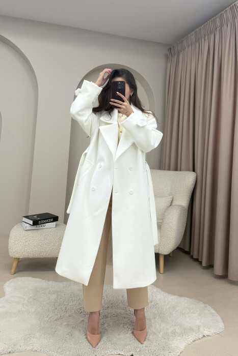 ONE COLOR BELT DETAIL LONG WOMEN TRENCH COAT WHITE-E BARDHE - 5