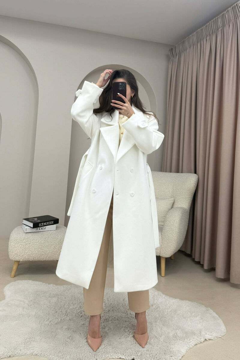 ONE COLOR BELT DETAIL LONG WOMEN TRENCH COAT WHITE-E BARDHE - 5
