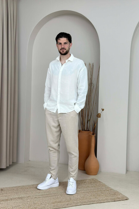 ONE COLOR BELT DETAIL MEN PANTS BEIGE/BEZHE - KLAUDIO FASHION