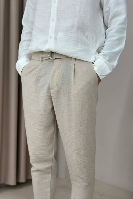 ONE COLOR BELT DETAIL MEN PANTS BEIGE/BEZHE - 4