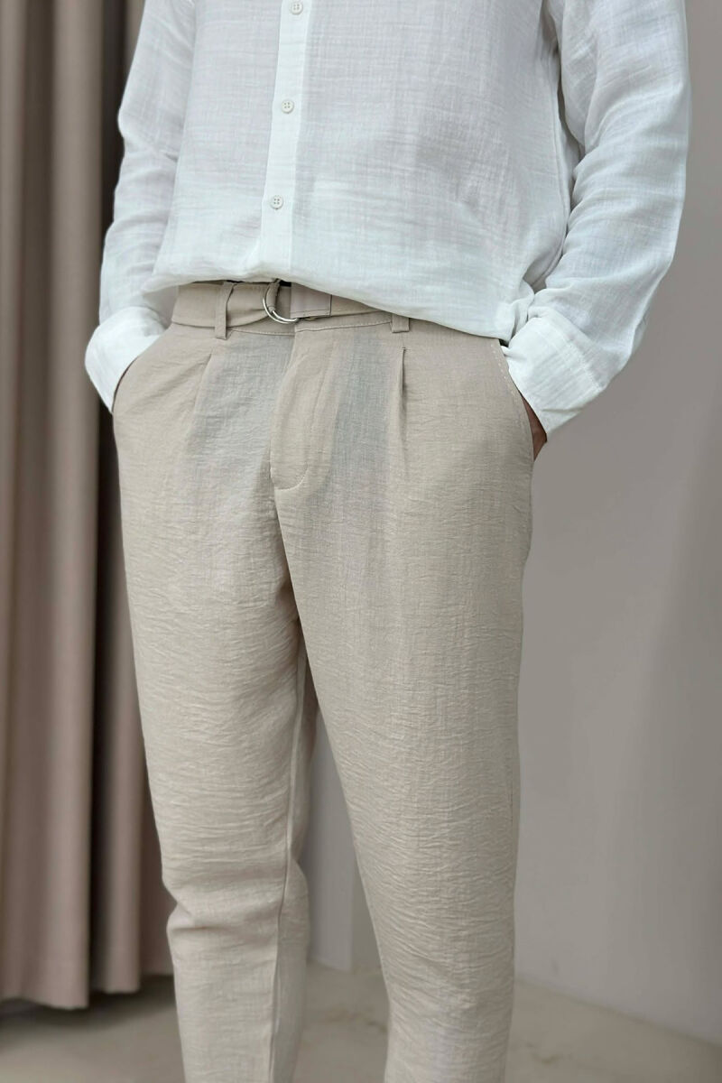 ONE COLOR BELT DETAIL MEN PANTS BEIGE/BEZHE - 4