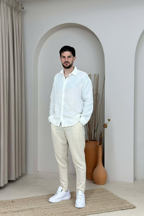 ONE COLOR BELT DETAIL MEN PANTS CREAM/KREM - KLAUDIO FASHION