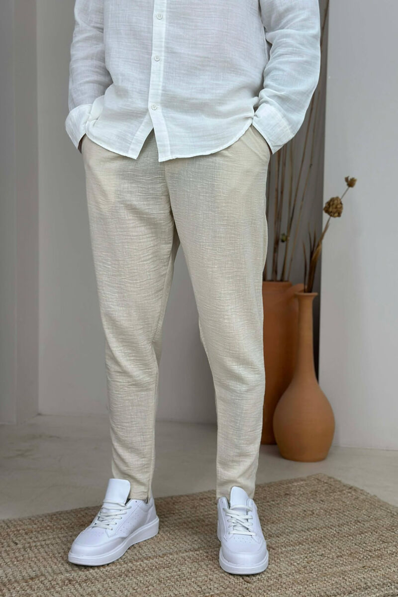 ONE COLOR BELT DETAIL MEN PANTS CREAM/KREM - 3