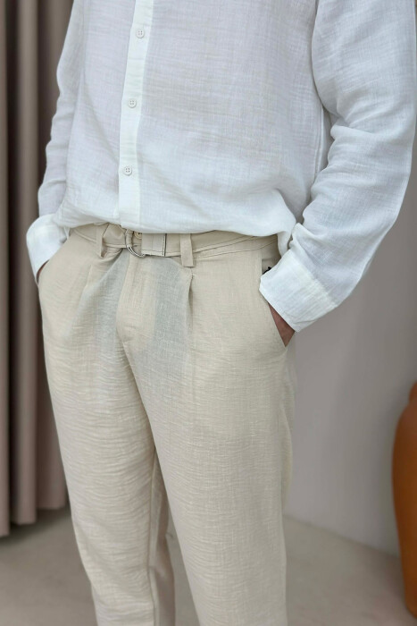ONE COLOR BELT DETAIL MEN PANTS CREAM/KREM - 4