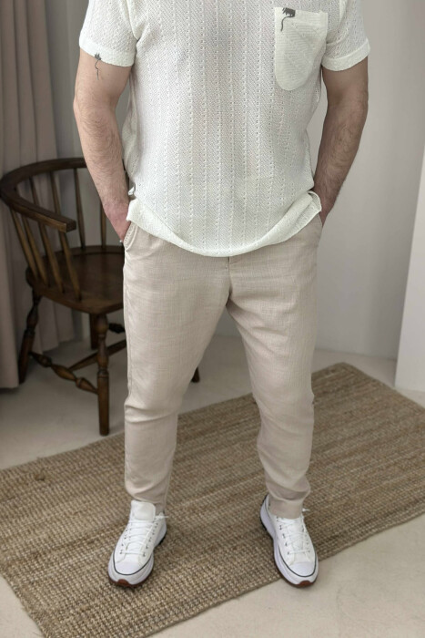 ONE COLOR BELT DETAIL MEN PANTS CREAM/KREM 