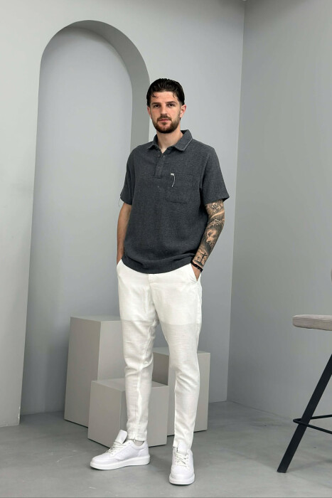 ONE COLOR BELT DETAIL MEN PANTS WHITE-E BARDHE - KLAUDIO FASHION