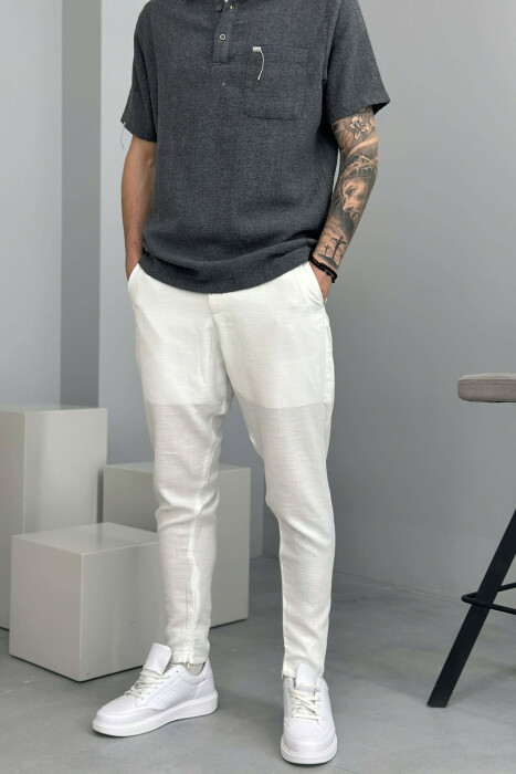 ONE COLOR BELT DETAIL MEN PANTS WHITE-E BARDHE - 2