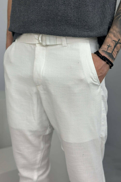 ONE COLOR BELT DETAIL MEN PANTS WHITE-E BARDHE - 3
