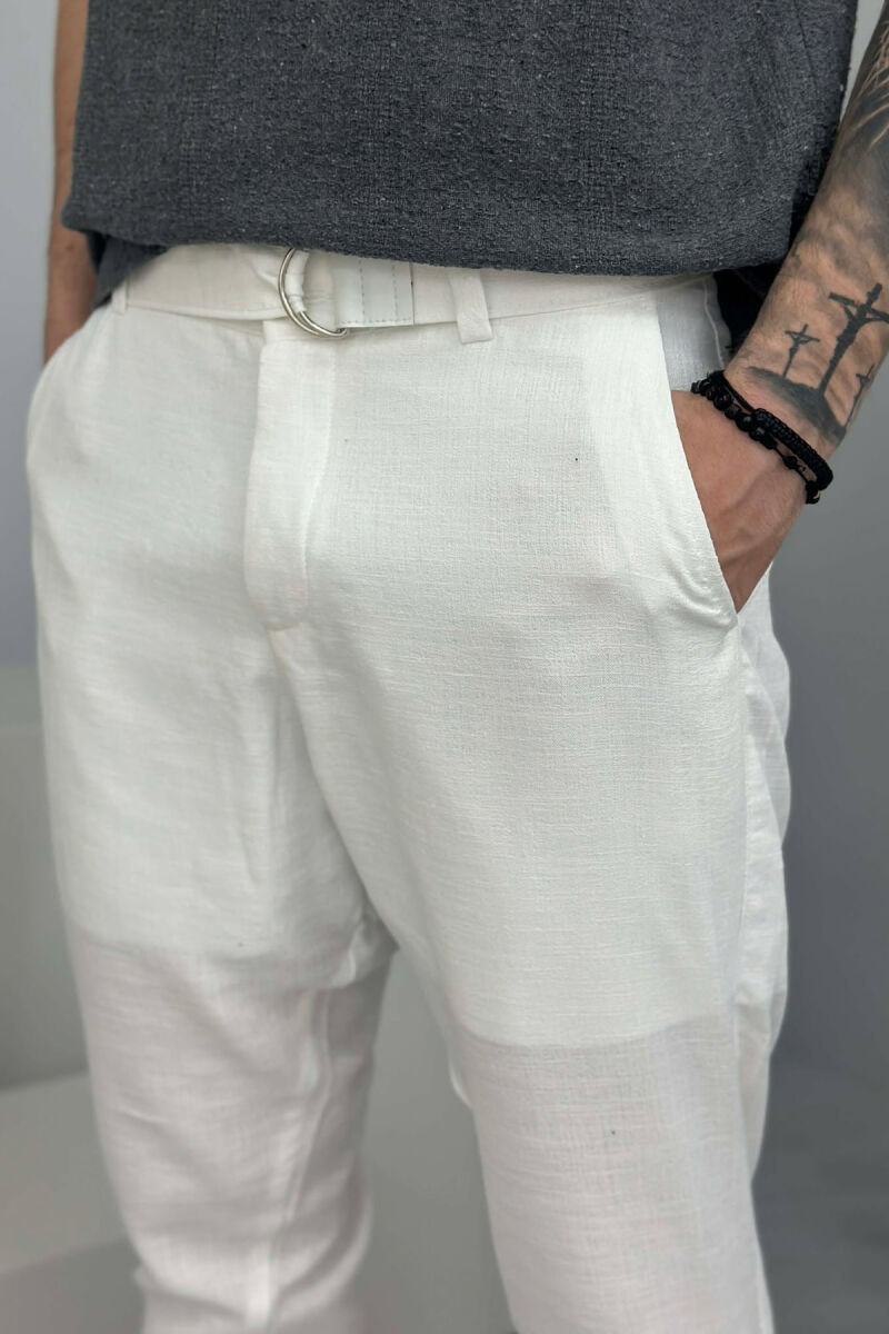 ONE COLOR BELT DETAIL MEN PANTS WHITE-E BARDHE - 3