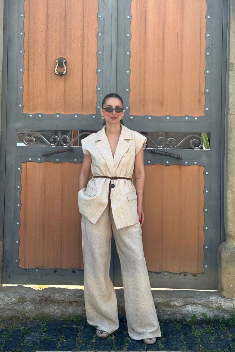 ONE COLOR BELT DETAIL VEST + TROUSERS WOMAN SET BEIGE/BEZHE - 1
