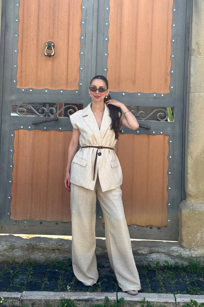 ONE COLOR BELT DETAIL VEST + TROUSERS WOMAN SET BEIGE/BEZHE - 4