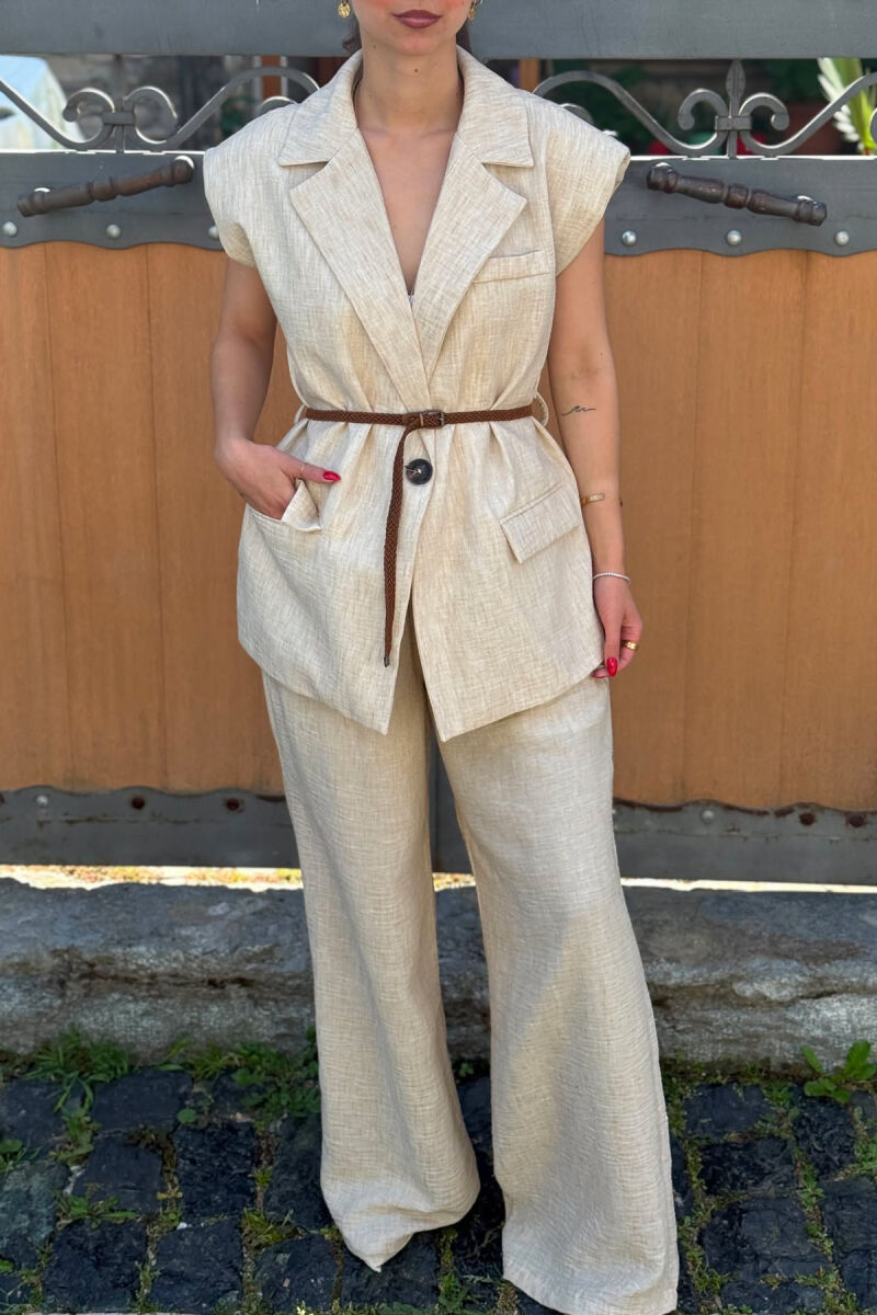 ONE COLOR BELT DETAIL VEST + TROUSERS WOMAN SET BEIGE/BEZHE - 5