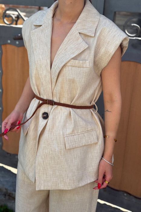 ONE COLOR BELT DETAIL VEST + TROUSERS WOMAN SET BEIGE/BEZHE - 6
