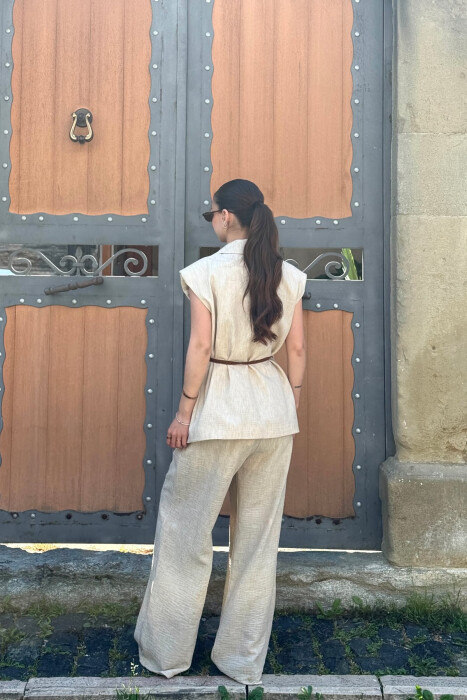 ONE COLOR BELT DETAIL VEST + TROUSERS WOMAN SET BEIGE/BEZHE - 7