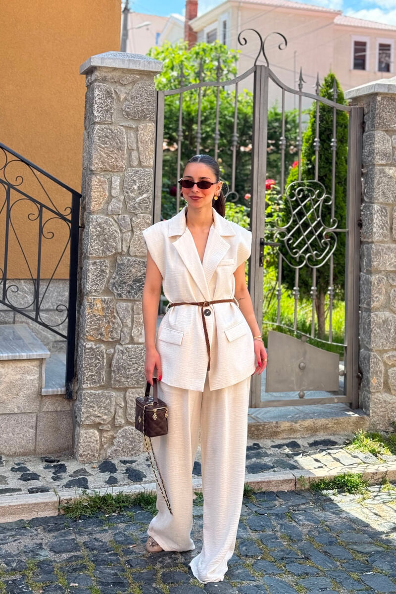 ONE COLOR BELT DETAIL VEST + TROUSERS WOMAN SET CREAM/KREM - 1