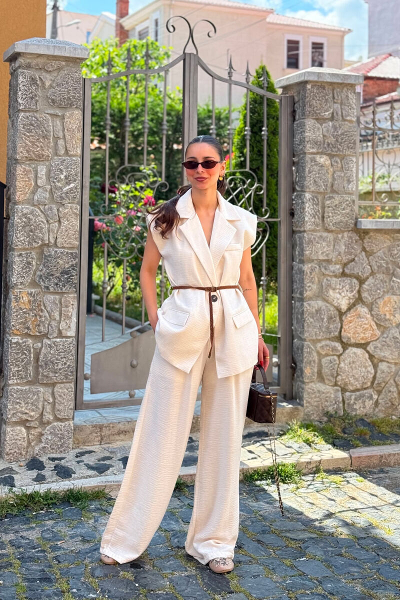 ONE COLOR BELT DETAIL VEST + TROUSERS WOMAN SET CREAM/KREM - 2