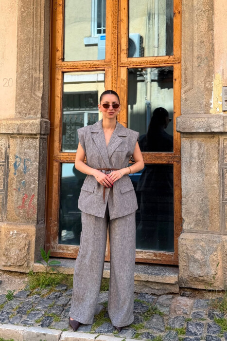 ONE COLOR BELT DETAIL VEST + TROUSERS WOMAN SET GREY/GRI 