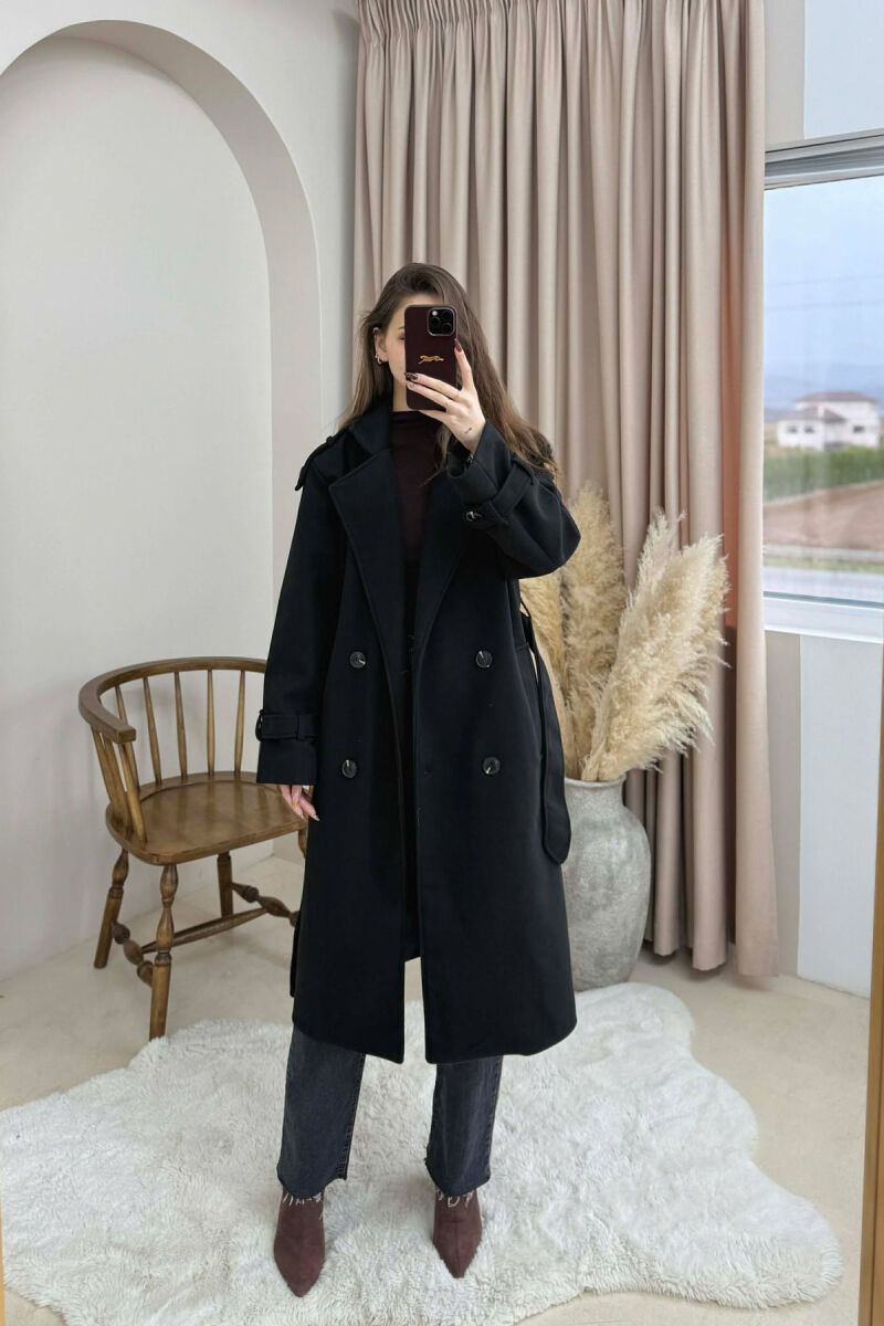 ONE COLOR BELT DETAIL WOMAN COAT BLACK/ E ZEZE - 1