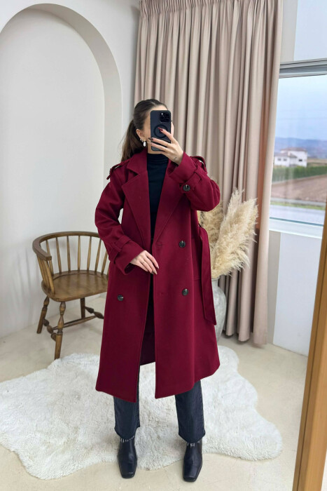 ONE COLOR BELT DETAIL WOMAN COAT BURGUNDY/VISHNJE 