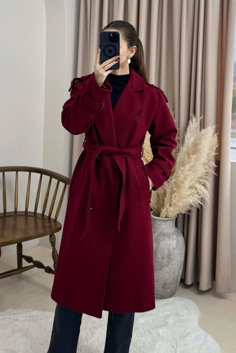ONE COLOR BELT DETAIL WOMAN COAT BURGUNDY/VISHNJE - 2