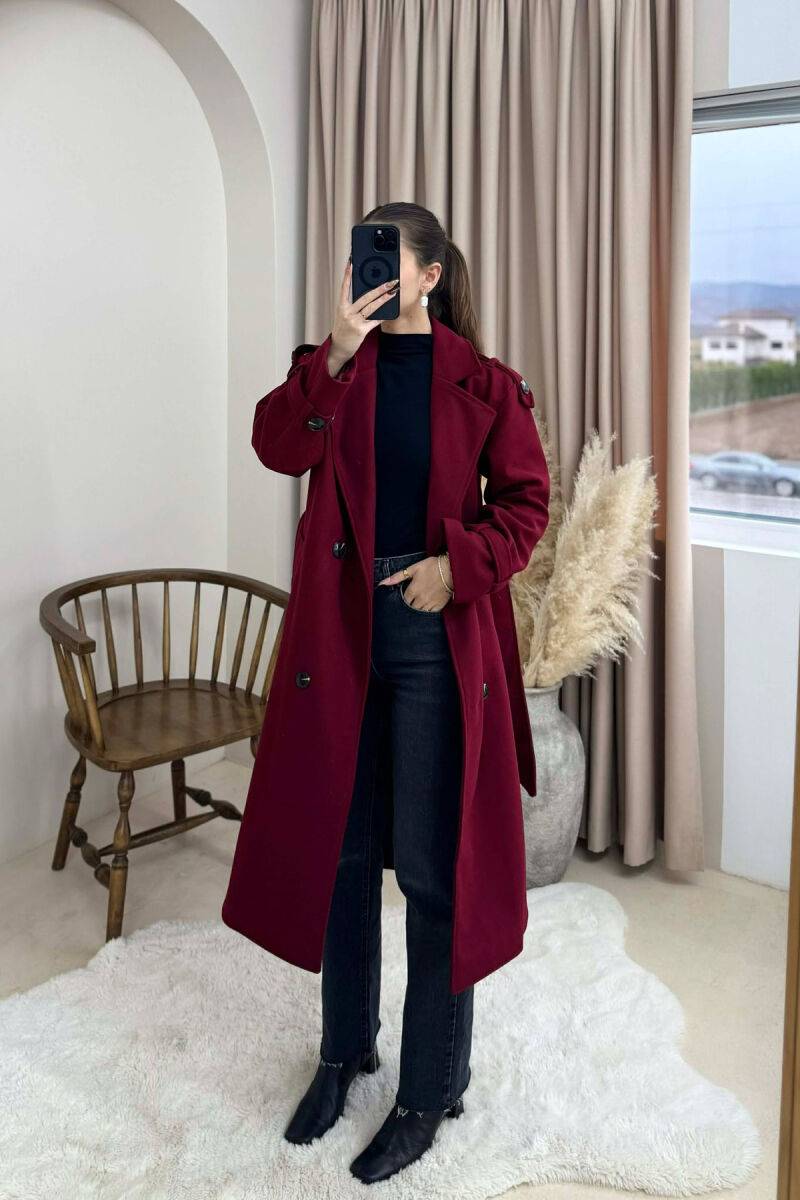 ONE COLOR BELT DETAIL WOMAN COAT BURGUNDY/VISHNJE - 3