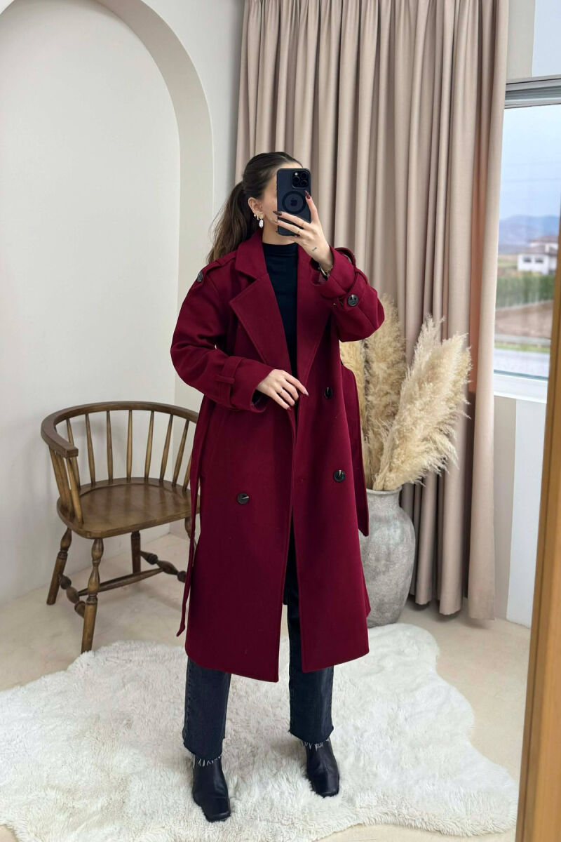 ONE COLOR BELT DETAIL WOMAN COAT BURGUNDY/VISHNJE - 4