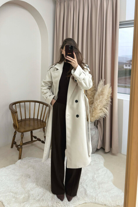 ONE COLOR BELT DETAIL WOMAN COAT CREAM/KREM - 3
